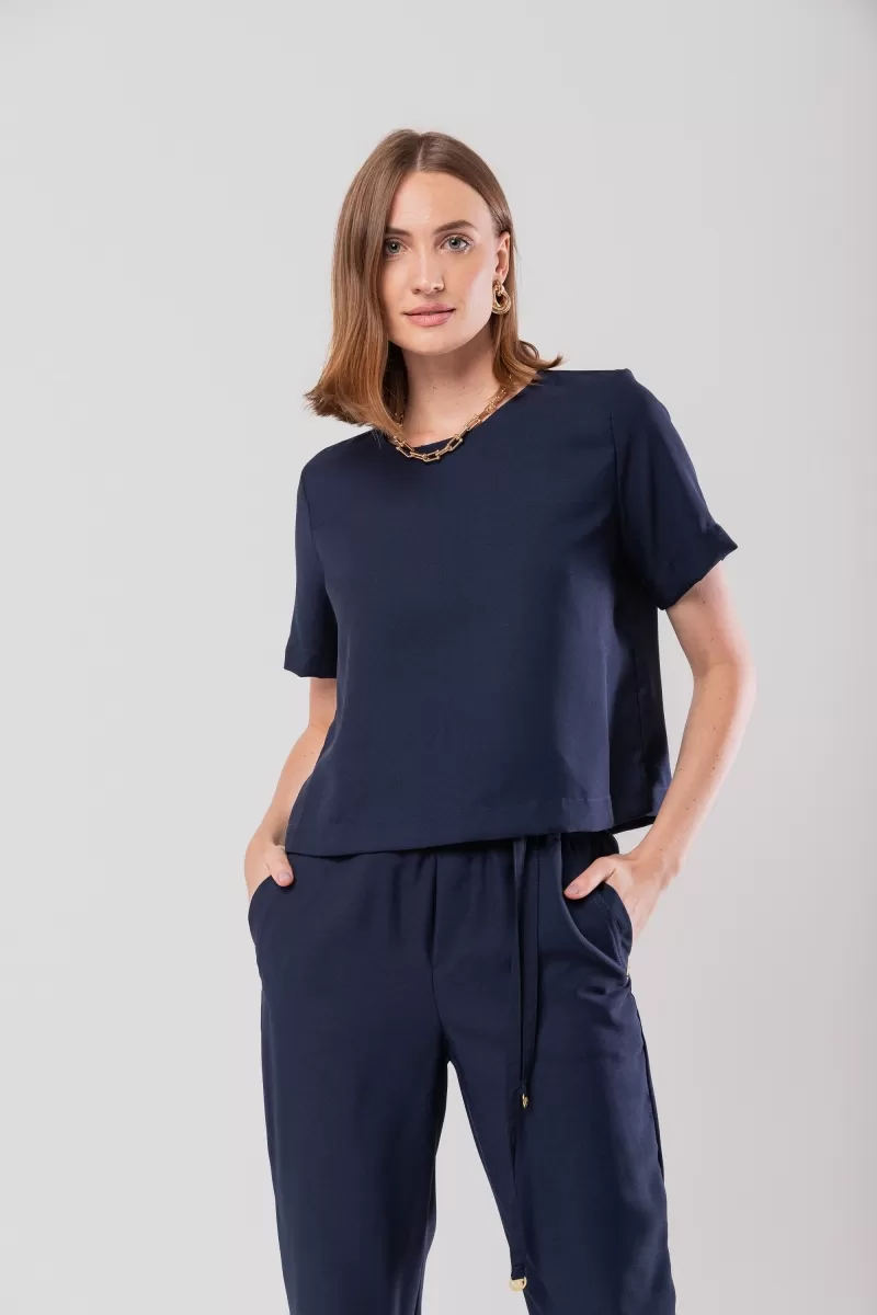 Hidrogênio - SHORT SLEEVE BLOUSE WITH DROP BACK NAVY CREPE - 20088004 Hidrogênio - SHORT SLEEVE BLOUSE WITH DROP BACK NAVY CREPE - 20088004