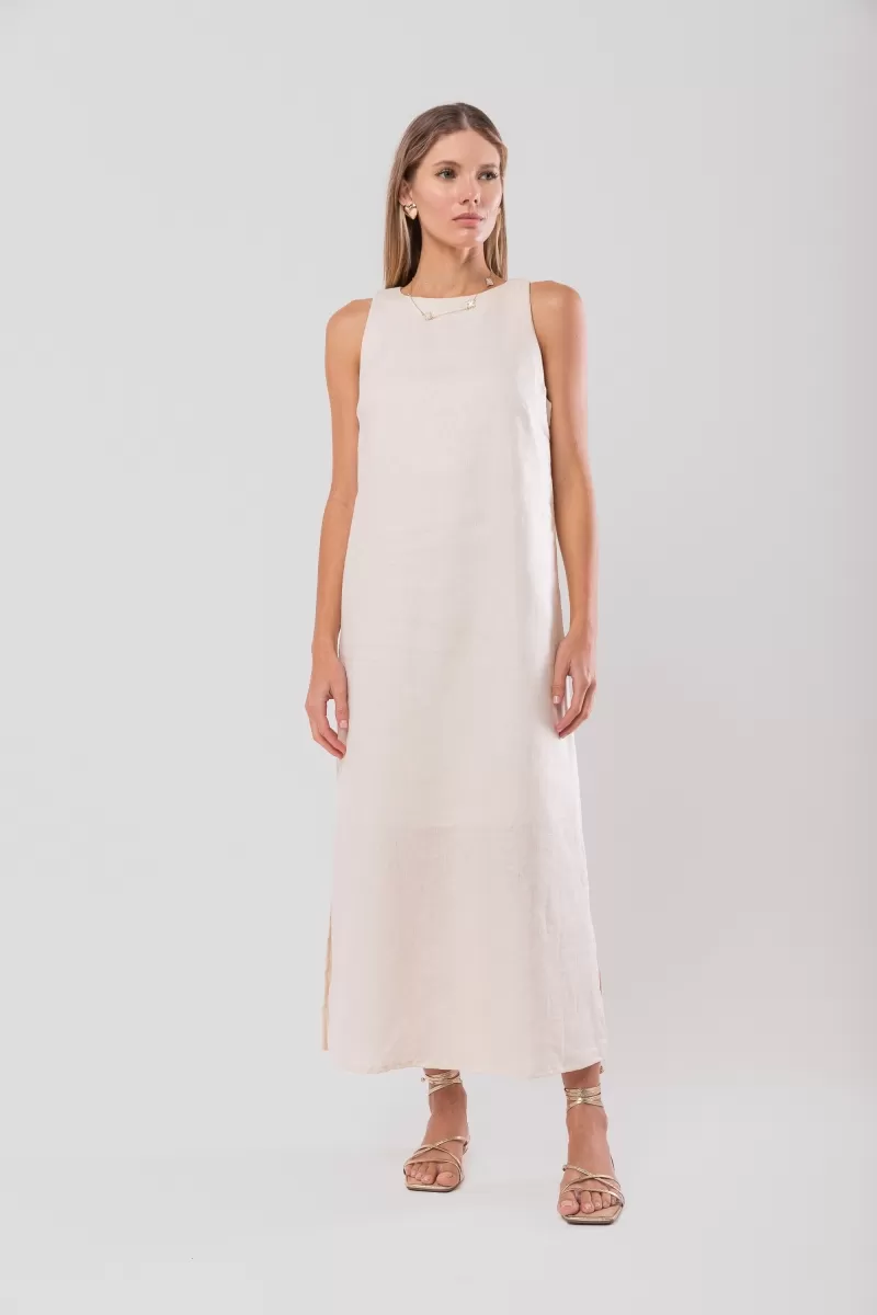 Hidrogênio - NATURAL LINEN MIDI DRESS WITH SLIT - 20171182 Hidrogênio - NATURAL LINEN MIDI DRESS WITH SLIT - 20171182