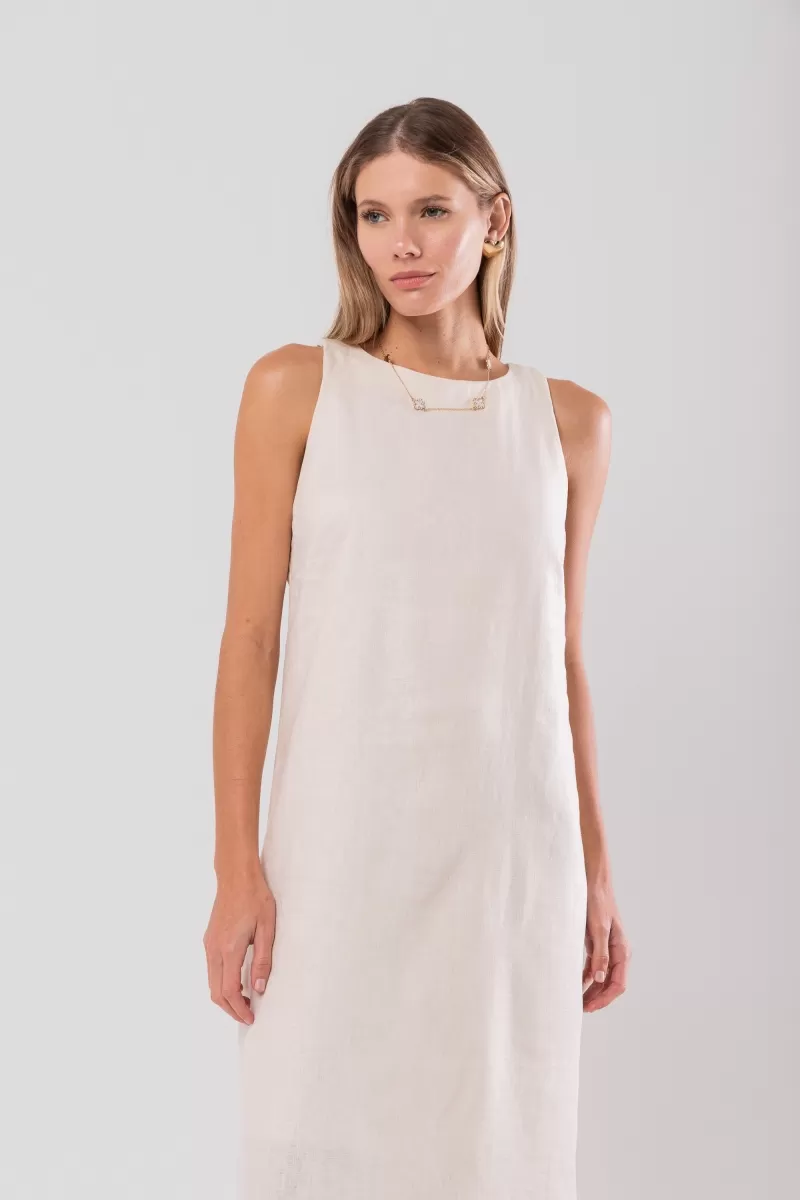 Hidrogênio - NATURAL LINEN MIDI DRESS WITH SLIT - 20171182 Hidrogênio - NATURAL LINEN MIDI DRESS WITH SLIT - 20171182