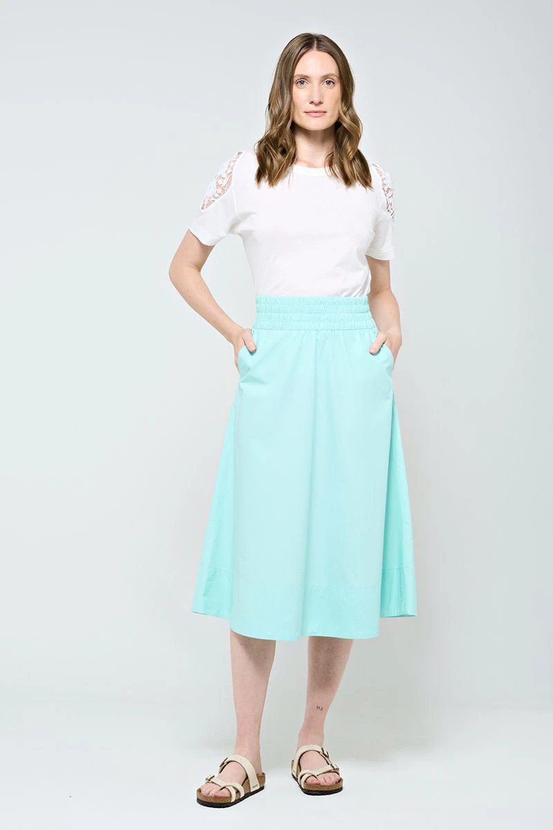 Hidrogênio - MIDI SKIRT WITH POCKET AND RUFFLED HEM IN WATER GREEN TRICOLINE - 20179157 Hidrogênio - MIDI SKIRT WITH POCKET AND RUFFLED HEM IN WATER GREEN TRICOLINE - 20179157