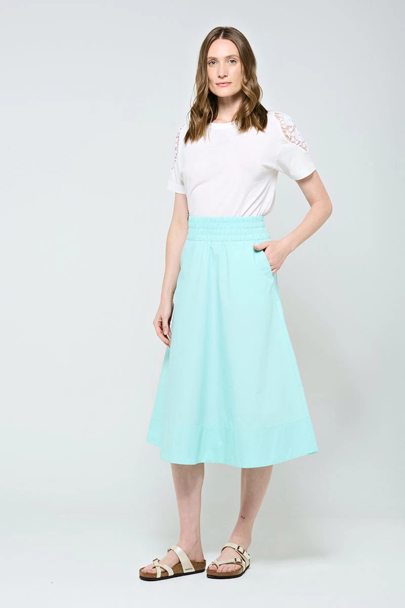 Hidrogênio - MIDI SKIRT WITH POCKET AND RUFFLED HEM IN WATER GREEN TRICOLINE - 20179157 Hidrogênio - MIDI SKIRT WITH POCKET AND RUFFLED HEM IN WATER GREEN TRICOLINE - 20179157
