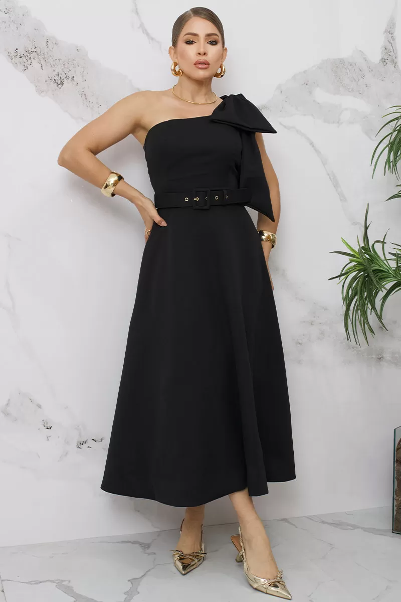 Miss Misses - Julia Long One Shoulder Dress with Bow and Black Belt - 54384001 Miss Misses - Julia Long One Shoulder Dress with Bow and Black Belt - 54384001