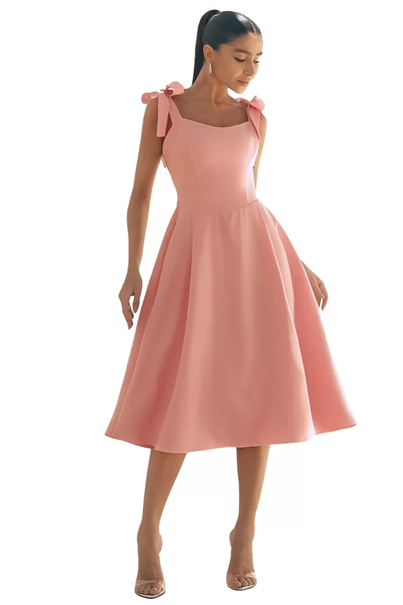 Miss Misses - Michele Midi Dress With Straps and Bows On The Shoulders In Pink - 54392060