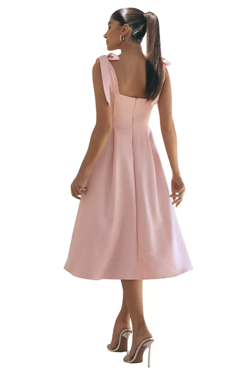 Miss Misses - Michele Midi Dress With Straps and Bows On The Shoulders In Pink - 54392060 Miss Misses - Michele Midi Dress With Straps and Bows On The Shoulders In Pink - 54392060