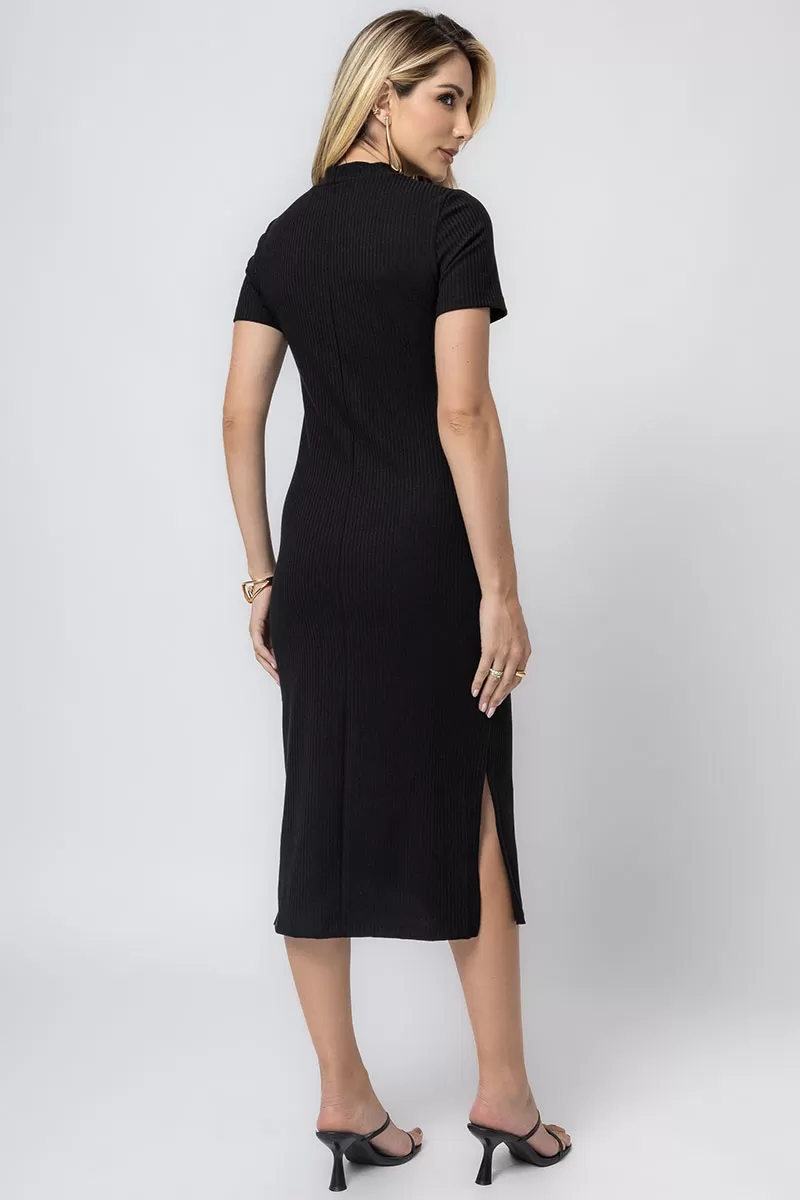 Miss Misses - Paloma Short Sleeve Ribbed Midi Dress with Side Slit in Black - 54397001 Miss Misses - Paloma Short Sleeve Ribbed Midi Dress with Side Slit in Black - 54397001