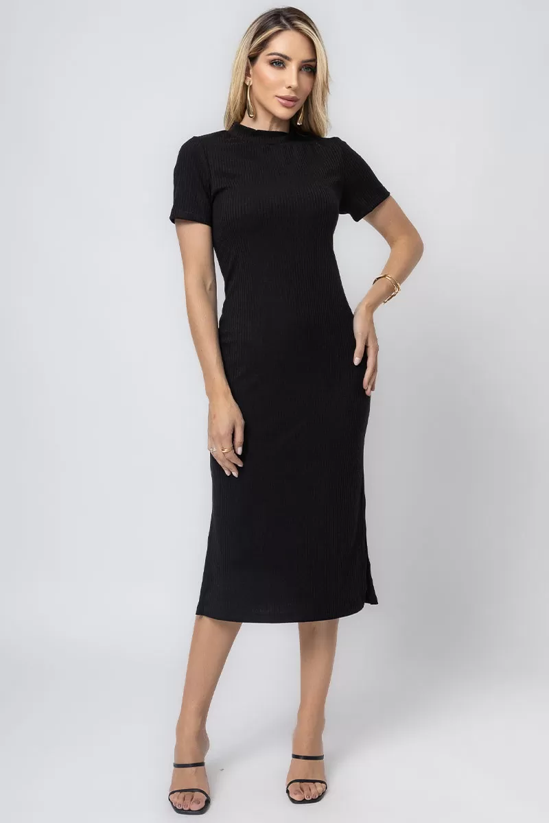 Miss Misses - Paloma Short Sleeve Ribbed Midi Dress with Side Slit in Black - 54397001 Miss Misses - Paloma Short Sleeve Ribbed Midi Dress with Side Slit in Black - 54397001