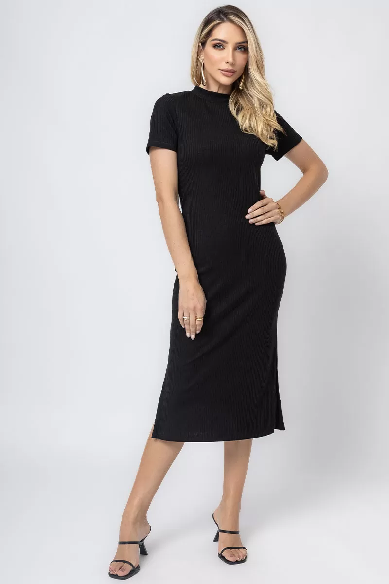 Miss Misses - Paloma Short Sleeve Ribbed Midi Dress with Side Slit in Black - 54397001 Miss Misses - Paloma Short Sleeve Ribbed Midi Dress with Side Slit in Black - 54397001