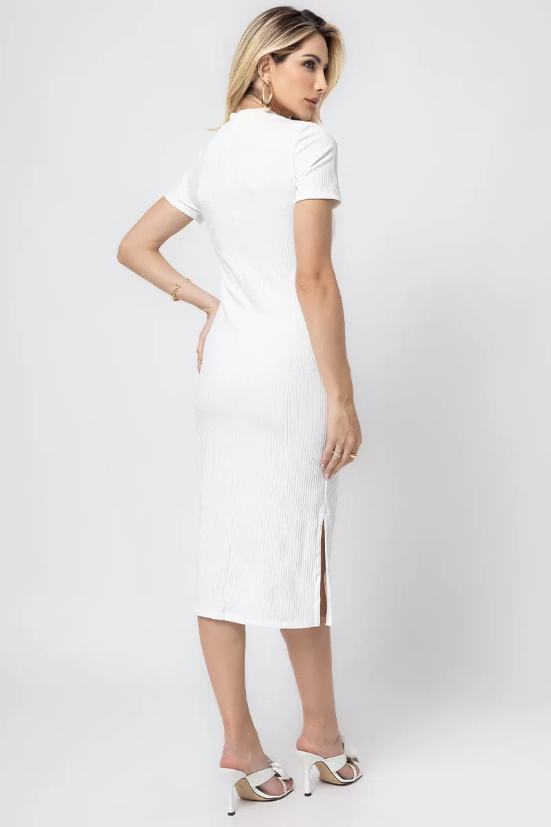Miss Misses - Paloma Short Sleeve Ribbed Midi Dress with Side Slit Off White - 54397030 Miss Misses - Paloma Short Sleeve Ribbed Midi Dress with Side Slit Off White - 54397030
