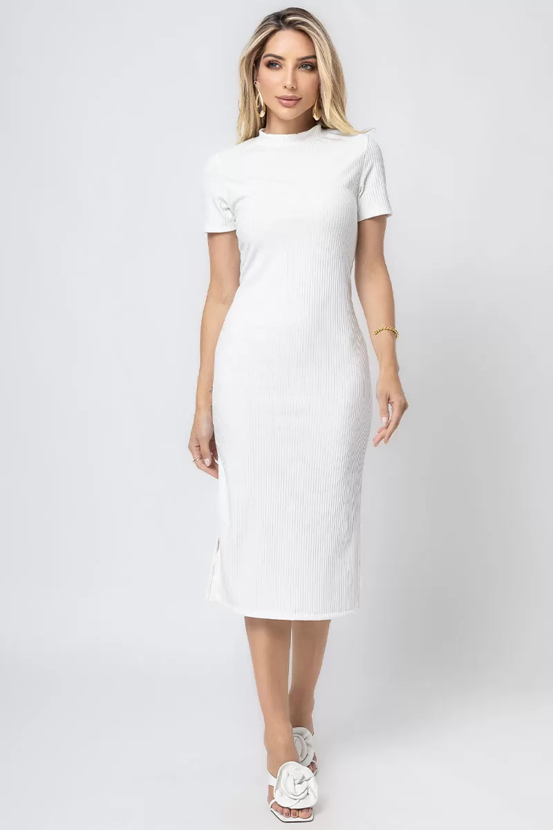Miss Misses - Paloma Short Sleeve Ribbed Midi Dress with Side Slit Off White - 54397030 Miss Misses - Paloma Short Sleeve Ribbed Midi Dress with Side Slit Off White - 54397030