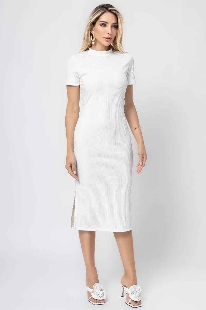 Miss Misses - Paloma Short Sleeve Ribbed Midi Dress with Side Slit Off White - 54397030 Miss Misses - Paloma Short Sleeve Ribbed Midi Dress with Side Slit Off White - 54397030