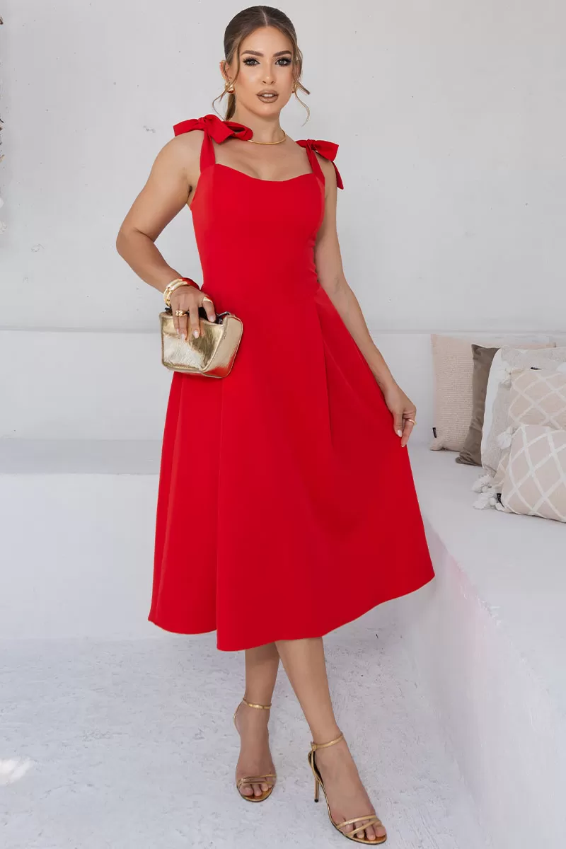Miss Misses - Michele Midi Dress With Straps and Bows On The Shoulders Red - 54392024