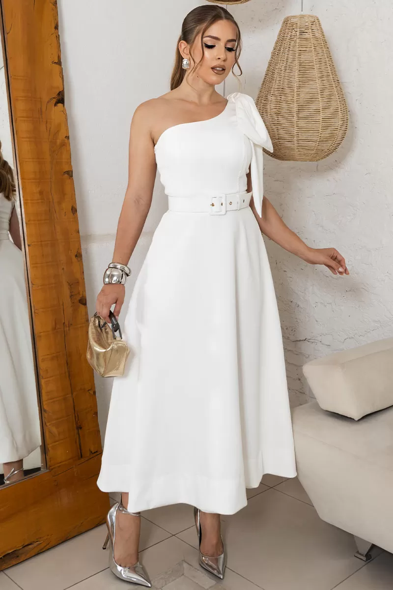 Miss Misses - Julia Long One Shoulder Dress with Bow and Belt Off White - 54384030