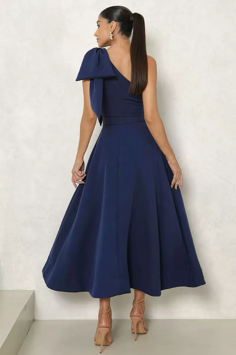 Miss Misses - Julia Long One Shoulder Dress with Bow and Belt in Blue - 54384004 Miss Misses - Julia Long One Shoulder Dress with Bow and Belt in Blue - 54384004