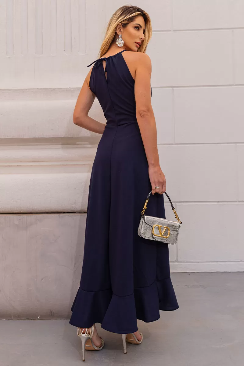 Miss Misses - Cristina Long Dress with Ruffles on the Bust and Frill on the Hem in Blue - 54407004 Miss Misses - Cristina Long Dress with Ruffles on the Bust and Frill on the Hem in Blue - 54407004