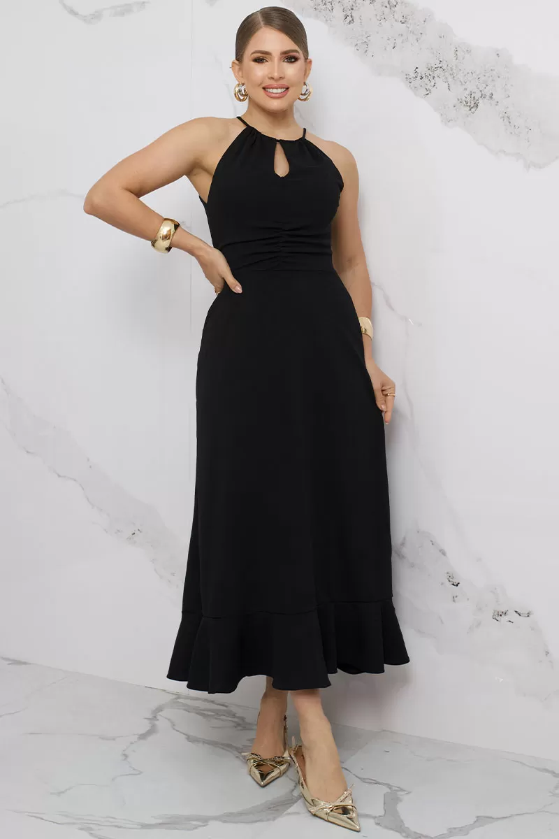 Miss Misses - Cristina Long Dress with Gathered Bust and Frill at the Hem in Black - 54407001 Miss Misses - Cristina Long Dress with Gathered Bust and Frill at the Hem in Black - 54407001