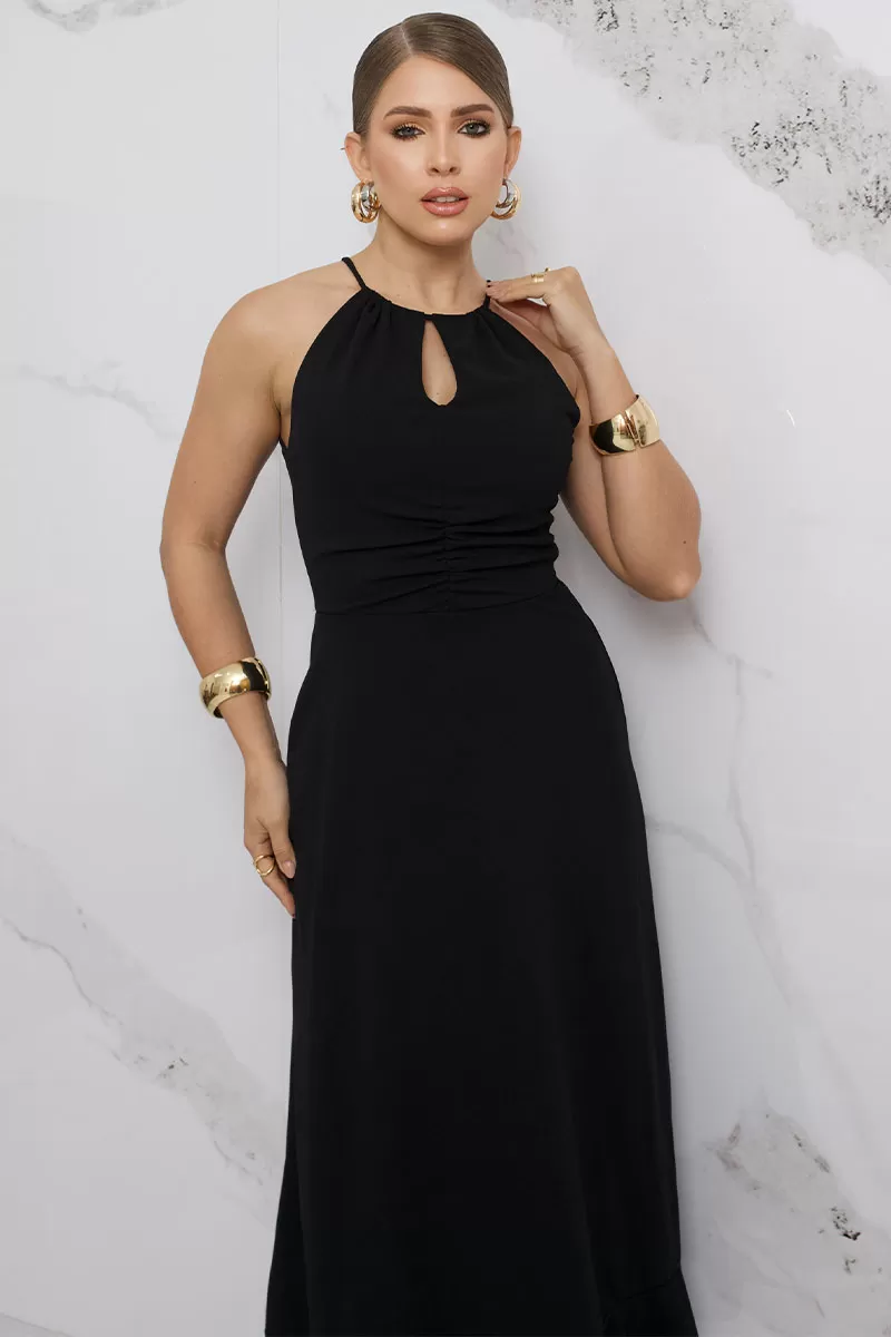 Miss Misses - Cristina Long Dress with Gathered Bust and Frill at the Hem in Black - 54407001 Miss Misses - Cristina Long Dress with Gathered Bust and Frill at the Hem in Black - 54407001