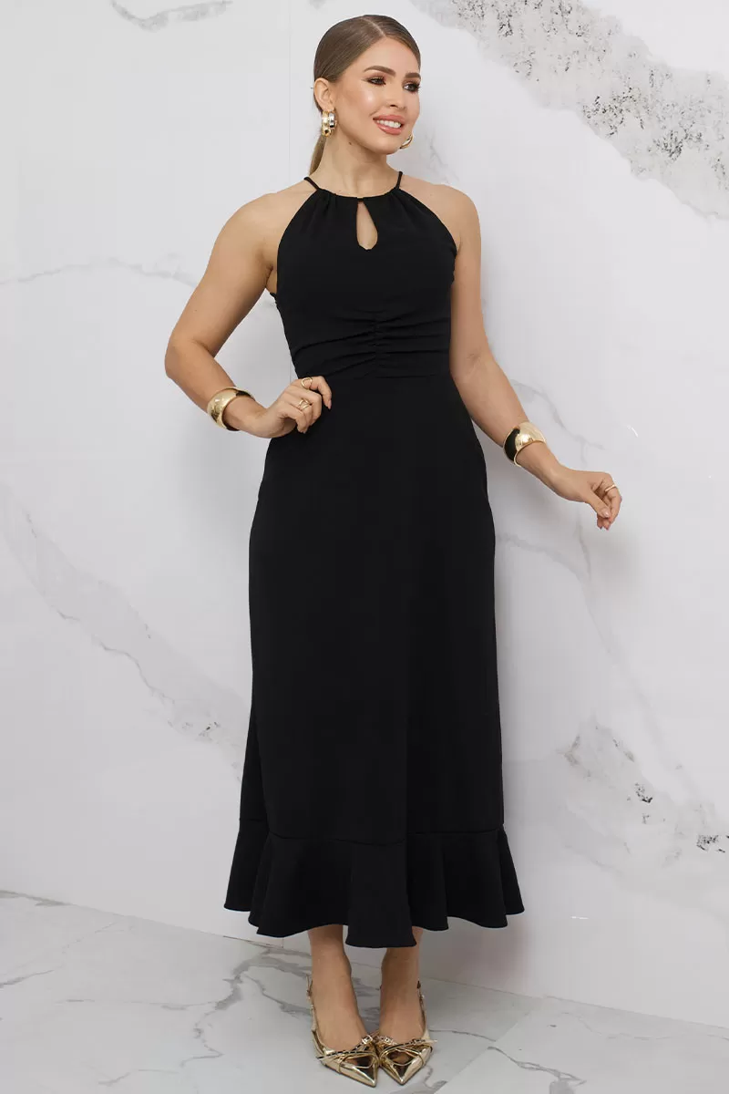 Miss Misses - Cristina Long Dress with Gathered Bust and Frill at the Hem in Black - 54407001 Miss Misses - Cristina Long Dress with Gathered Bust and Frill at the Hem in Black - 54407001