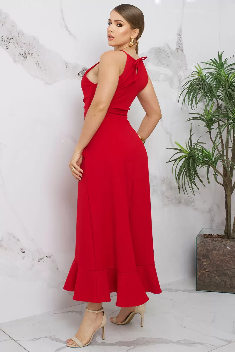 Miss Misses - Cristina Long Dress with Ruffles on the Bust and Frill on the Hem in Red - 54407024 Miss Misses - Cristina Long Dress with Ruffles on the Bust and Frill on the Hem in Red - 54407024