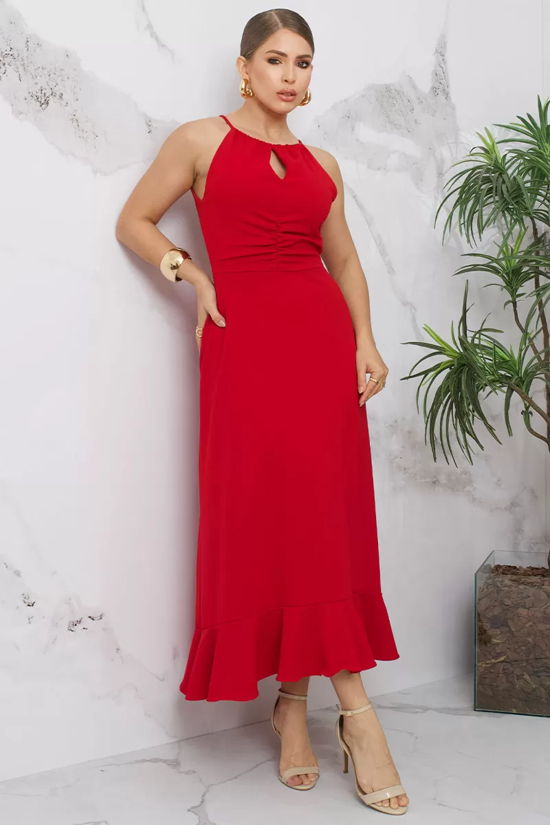 Miss Misses - Cristina Long Dress with Ruffles on the Bust and Frill on the Hem in Red - 54407024 Miss Misses - Cristina Long Dress with Ruffles on the Bust and Frill on the Hem in Red - 54407024