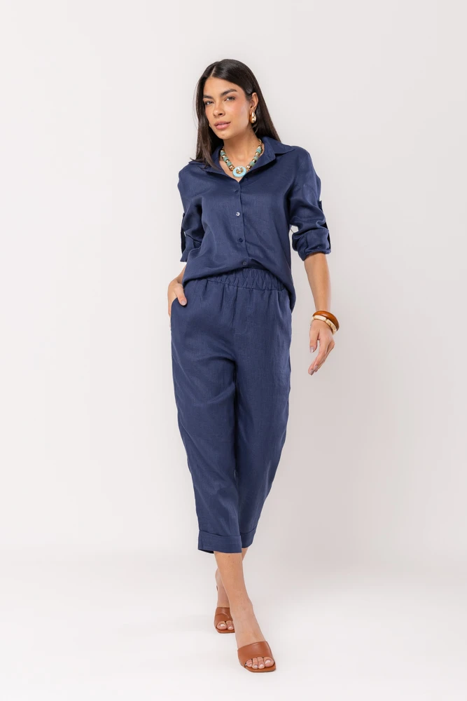 Hidrogênio - CARROT POLIANA 100% NAVY LINEN PANTS - 19886004