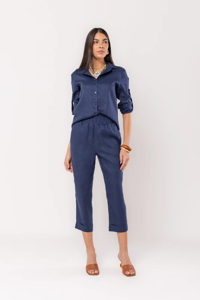 Hidrogênio - CARROT POLIANA 100% NAVY LINEN PANTS - 19886004
