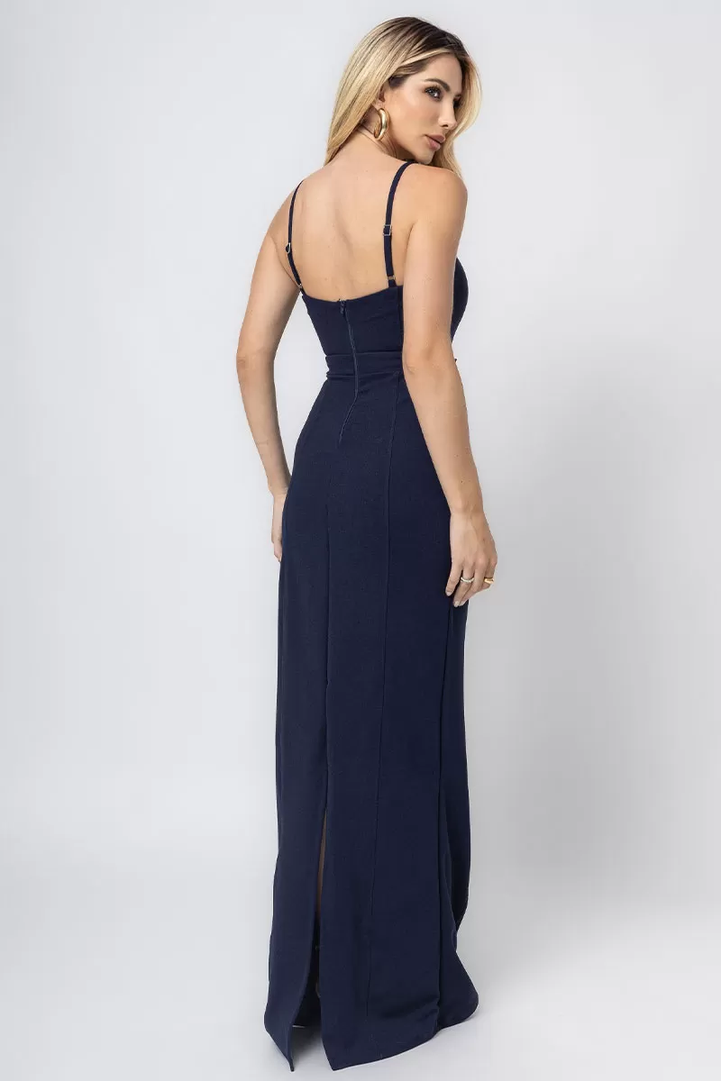 Miss Misses - Barbara Long Dress With Navy Bow - 54390004 Miss Misses - Barbara Long Dress With Navy Bow - 54390004