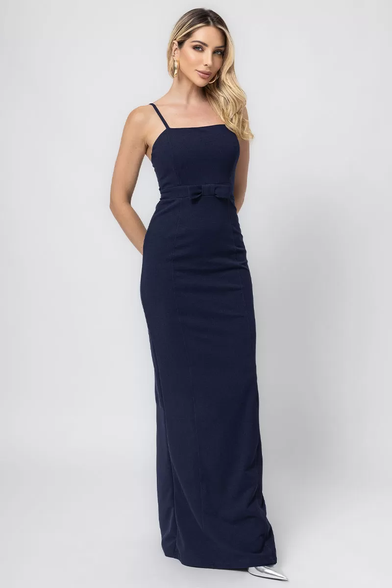 Miss Misses - Barbara Long Dress With Navy Bow - 54390004 Miss Misses - Barbara Long Dress With Navy Bow - 54390004