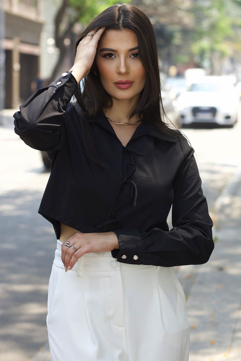 Miss Misses - Olivia Long Sleeve Shirt with Tie Front Black - 54361001
