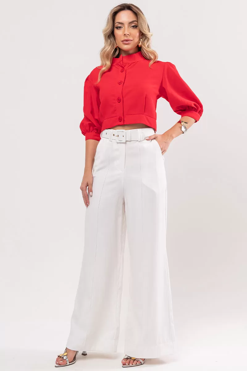 Miss Misses - Nathalia Shirt with Sleeves and Buttons in Red - 80561024 Miss Misses - Nathalia Shirt with Sleeves and Buttons in Red - 80561024