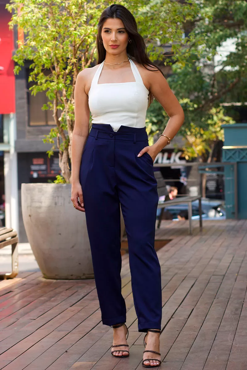 Miss Misses - Pink Tailored Pants with Navy Front Pleat - 54396004 Miss Misses - Pink Tailored Pants with Navy Front Pleat - 54396004