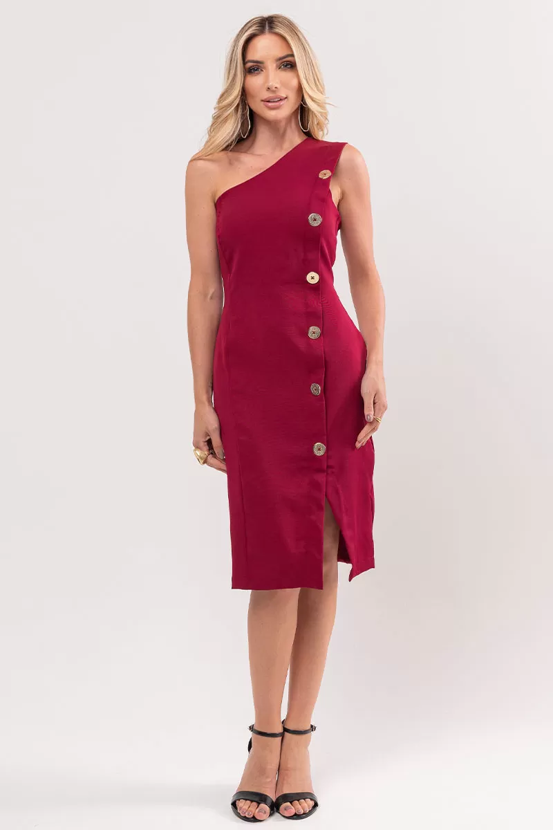 Miss Misses - Miss Misses Midi One Shoulder Dress with Burgundy Buttons - 54348018 Miss Misses - Miss Misses Midi One Shoulder Dress with Burgundy Buttons - 54348018