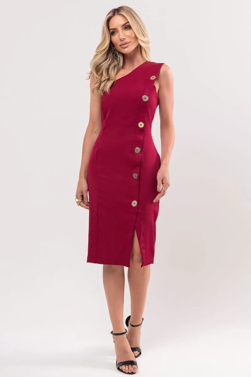 Miss Misses - Miss Misses Midi One Shoulder Dress with Burgundy Buttons - 54348018 Miss Misses - Miss Misses Midi One Shoulder Dress with Burgundy Buttons - 54348018
