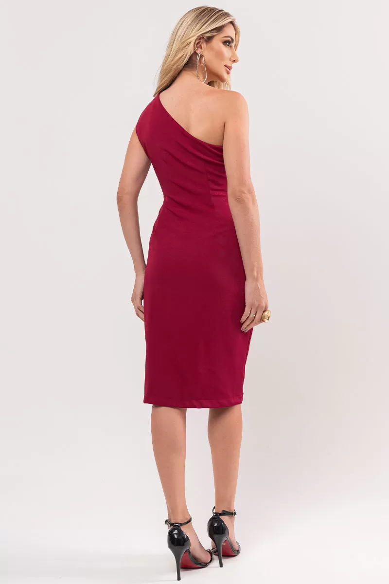 Miss Misses - Miss Misses Midi One Shoulder Dress with Burgundy Buttons - 54348018 Miss Misses - Miss Misses Midi One Shoulder Dress with Burgundy Buttons - 54348018