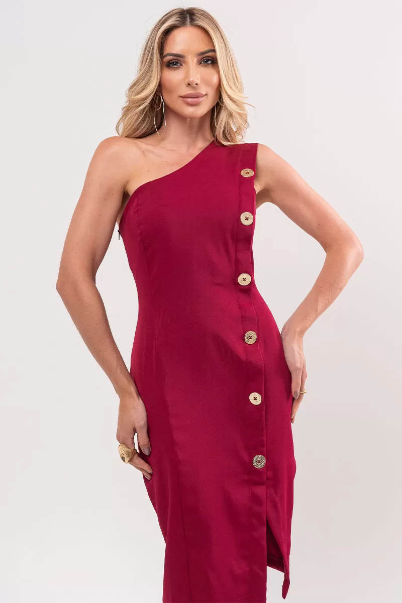 Miss Misses - Miss Misses Midi One Shoulder Dress with Burgundy Buttons - 54348018 Miss Misses - Miss Misses Midi One Shoulder Dress with Burgundy Buttons - 54348018