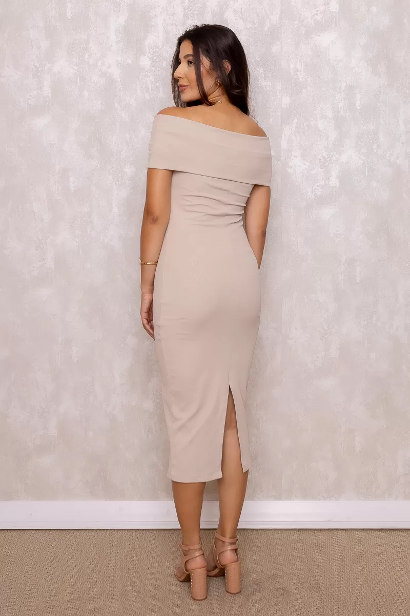 Miss Misses - Miss Misses Off-the-Shoulder Ribbed Beige Dress - 80525BEGECR Miss Misses - Miss Misses Off-the-Shoulder Ribbed Beige Dress - 80525BEGECR