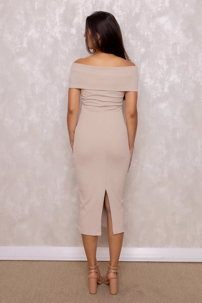 Miss Misses - Miss Misses Off-the-Shoulder Ribbed Beige Dress - 80525BEGECR Miss Misses - Miss Misses Off-the-Shoulder Ribbed Beige Dress - 80525BEGECR