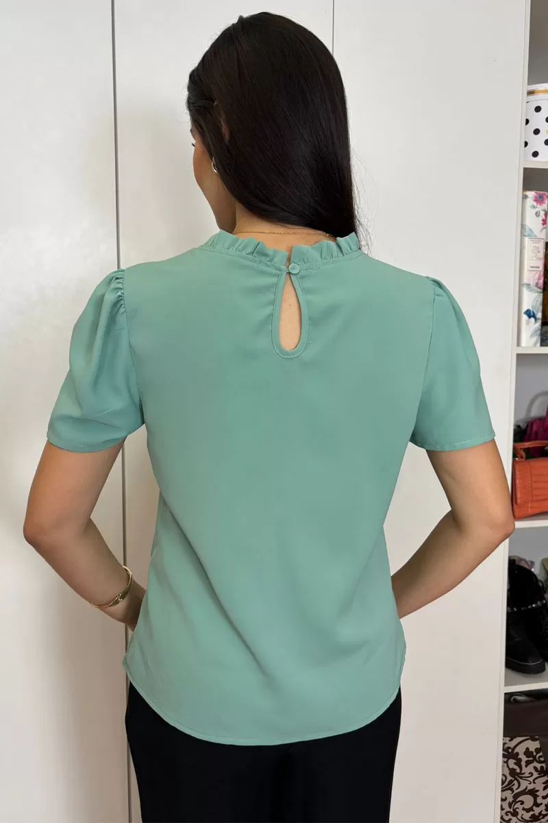 Miss Misses - Kim Short Sleeve Shirt With Green Gripir Detail - 80573023 Miss Misses - Kim Short Sleeve Shirt With Green Gripir Detail - 80573023