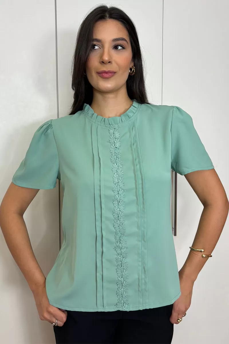 Miss Misses - Kim Short Sleeve Shirt With Green Gripir Detail - 80573023 Miss Misses - Kim Short Sleeve Shirt With Green Gripir Detail - 80573023