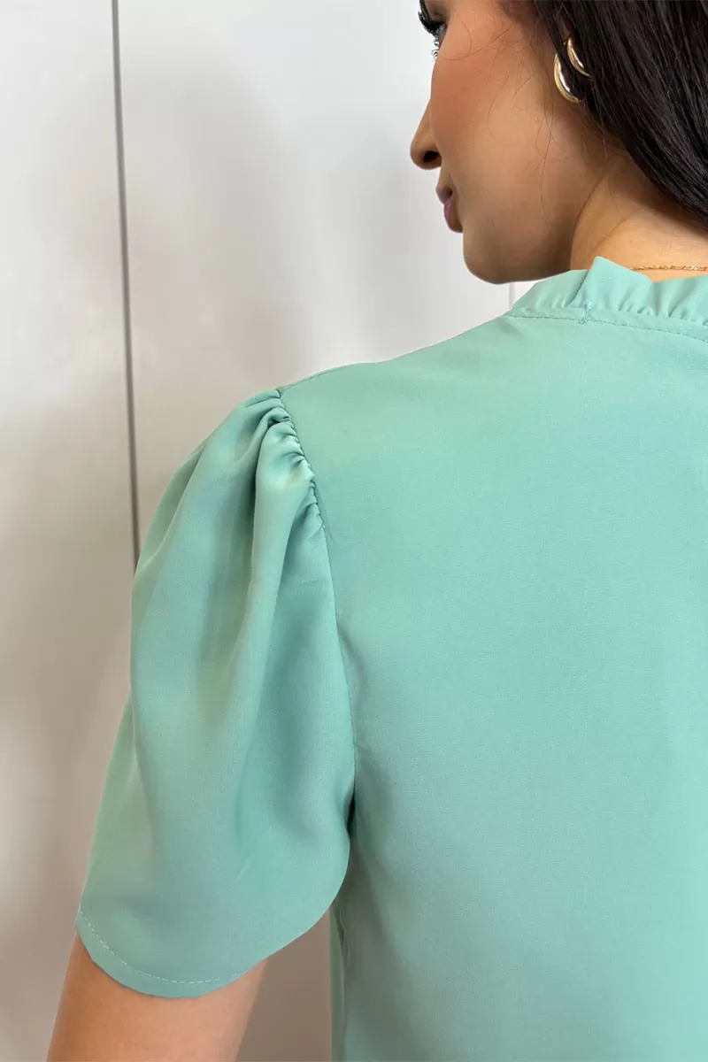 Miss Misses - Kim Short Sleeve Shirt With Green Gripir Detail - 80573023 Miss Misses - Kim Short Sleeve Shirt With Green Gripir Detail - 80573023