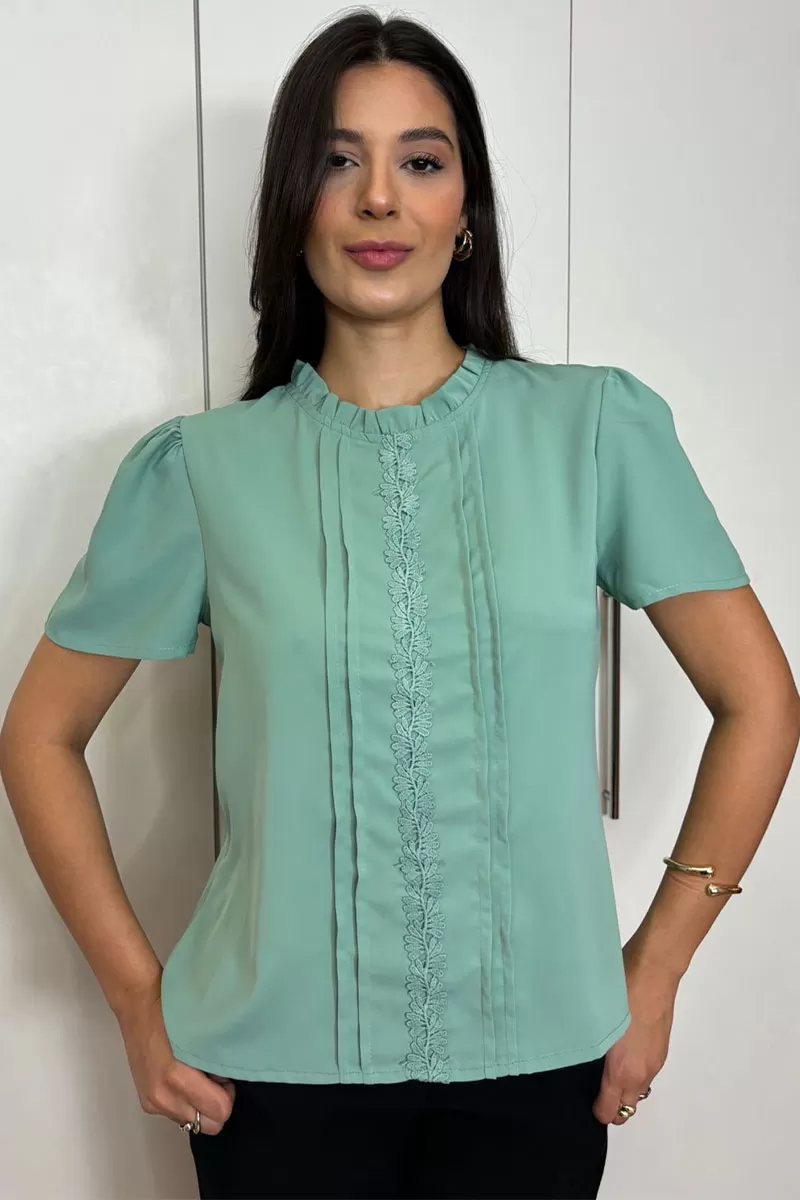 Miss Misses - Kim Short Sleeve Shirt With Green Gripir Detail - 80573023 Miss Misses - Kim Short Sleeve Shirt With Green Gripir Detail - 80573023