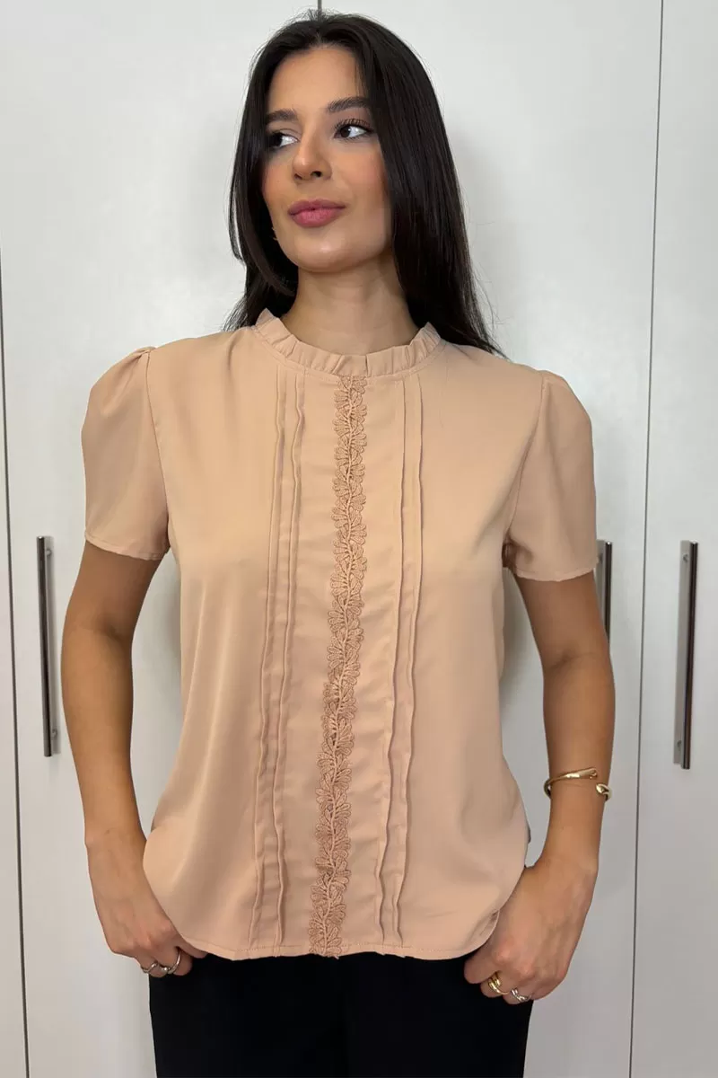 Miss Misses - Kim Short Sleeve Shirt With Khaki Gripir Detail - 80573136 Miss Misses - Kim Short Sleeve Shirt With Khaki Gripir Detail - 80573136