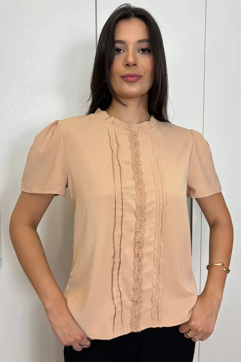 Miss Misses - Kim Short Sleeve Shirt With Khaki Gripir Detail - 80573136 Miss Misses - Kim Short Sleeve Shirt With Khaki Gripir Detail - 80573136