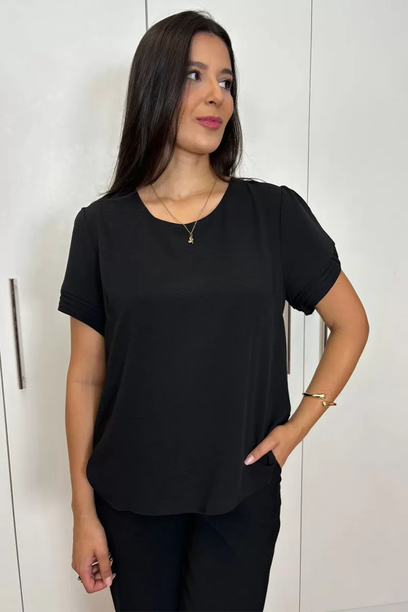 Miss Misses - Kim Short Sleeve Shirt With Pleats Black - 80574001 Miss Misses - Kim Short Sleeve Shirt With Pleats Black - 80574001