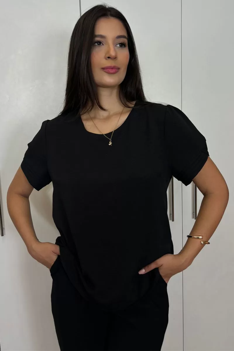 Miss Misses - Kim Short Sleeve Shirt With Pleats Black - 80574001 Miss Misses - Kim Short Sleeve Shirt With Pleats Black - 80574001