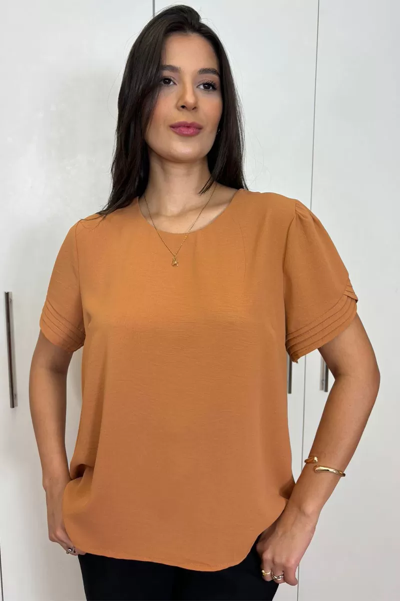 Miss Misses - Kim Short Sleeve Shirt with Caramel Pleats - 80574134