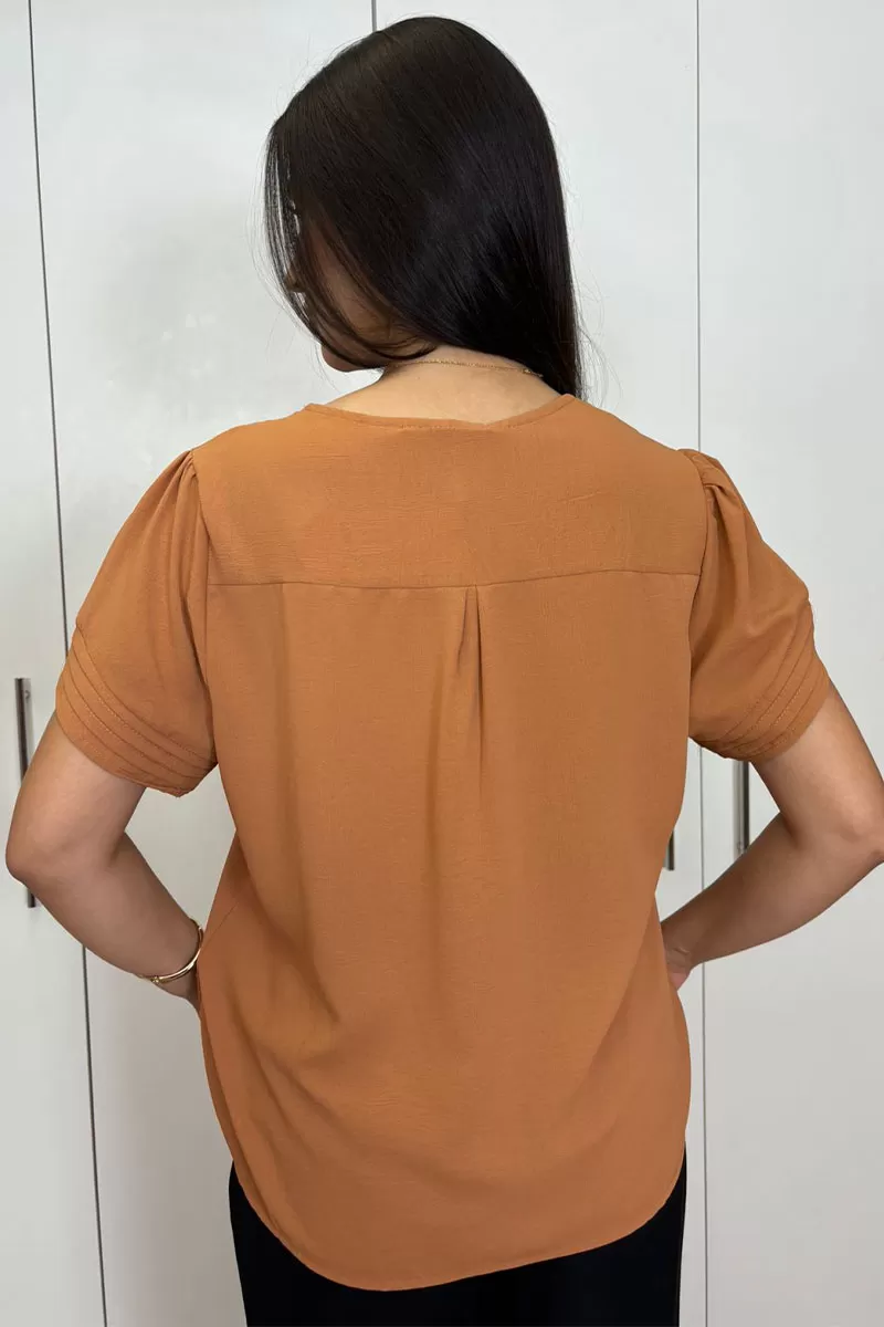 Miss Misses - Kim Short Sleeve Shirt with Caramel Pleats - 80574134 Miss Misses - Kim Short Sleeve Shirt with Caramel Pleats - 80574134