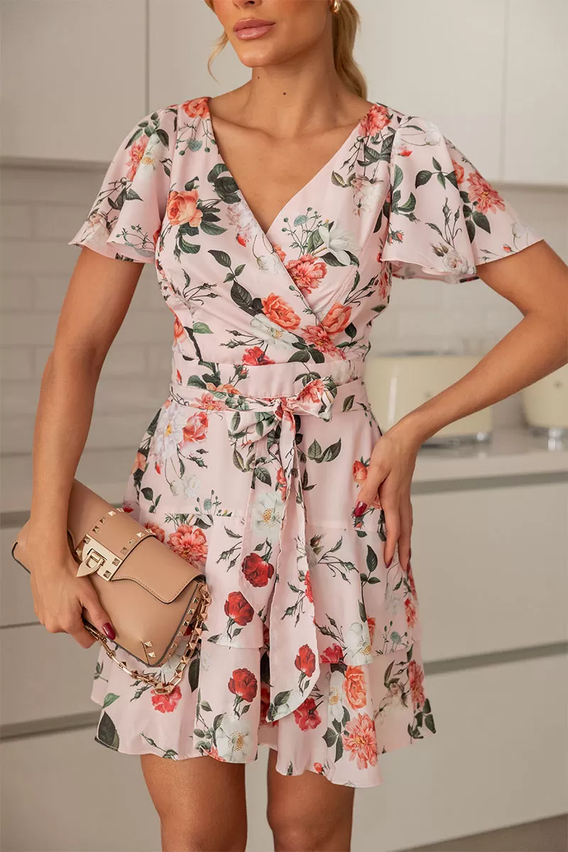 Miss Misses - Lara Printed Dress with Frills and Pink Belt - 54425060 Miss Misses - Lara Printed Dress with Frills and Pink Belt - 54425060