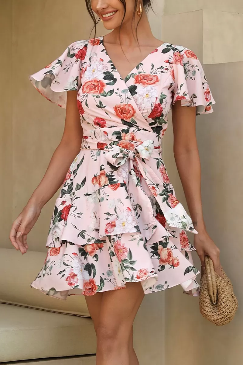 Miss Misses - Lara Printed Dress with Frills and Pink Belt - 54425060 Miss Misses - Lara Printed Dress with Frills and Pink Belt - 54425060