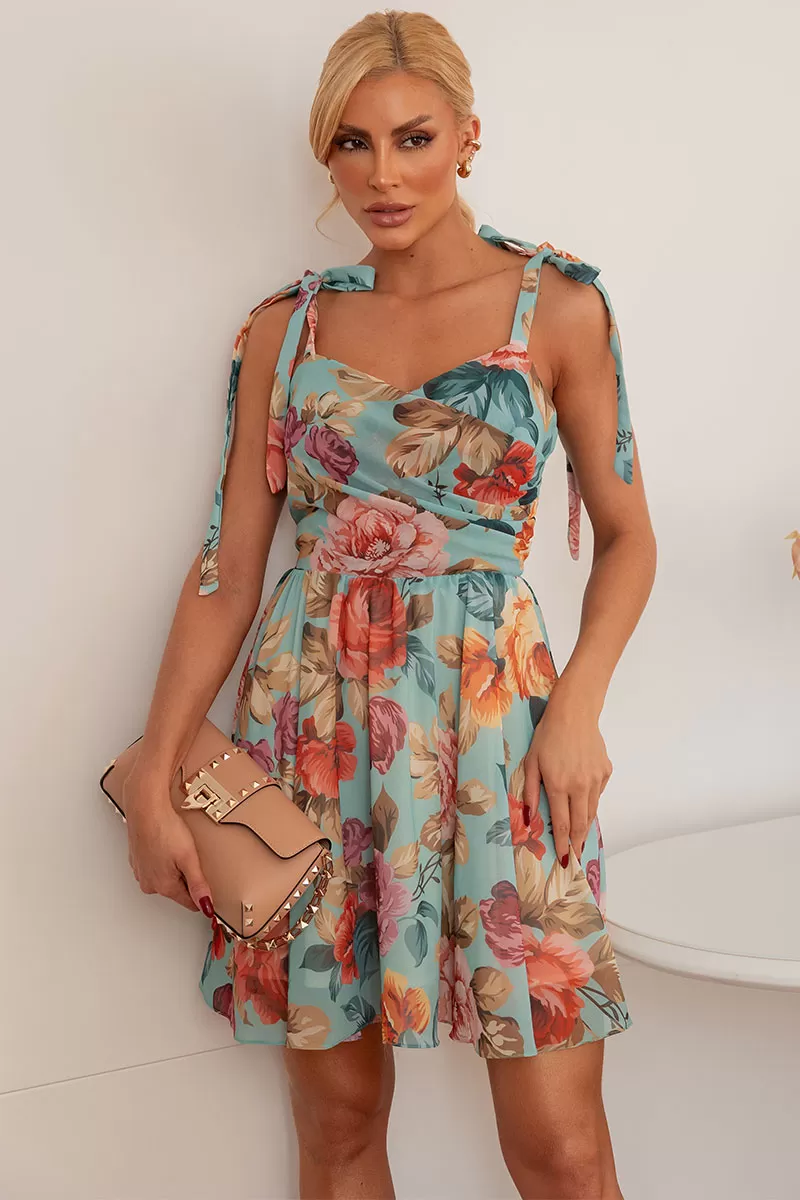 Miss Misses - Fabiana Chiffon Dress with Printed Straps and Green Bow - 54430007