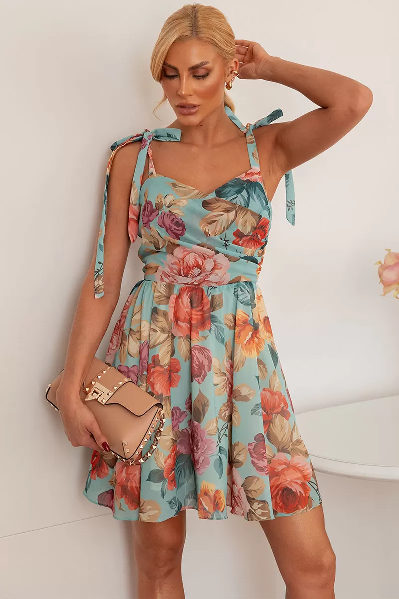 Miss Misses - Fabiana Chiffon Dress with Printed Straps and Green Bow - 54430007